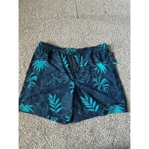 Trinity Coast Swim Short Mens Size XXL Blue Green Leaf Print Hawaiian Pockets